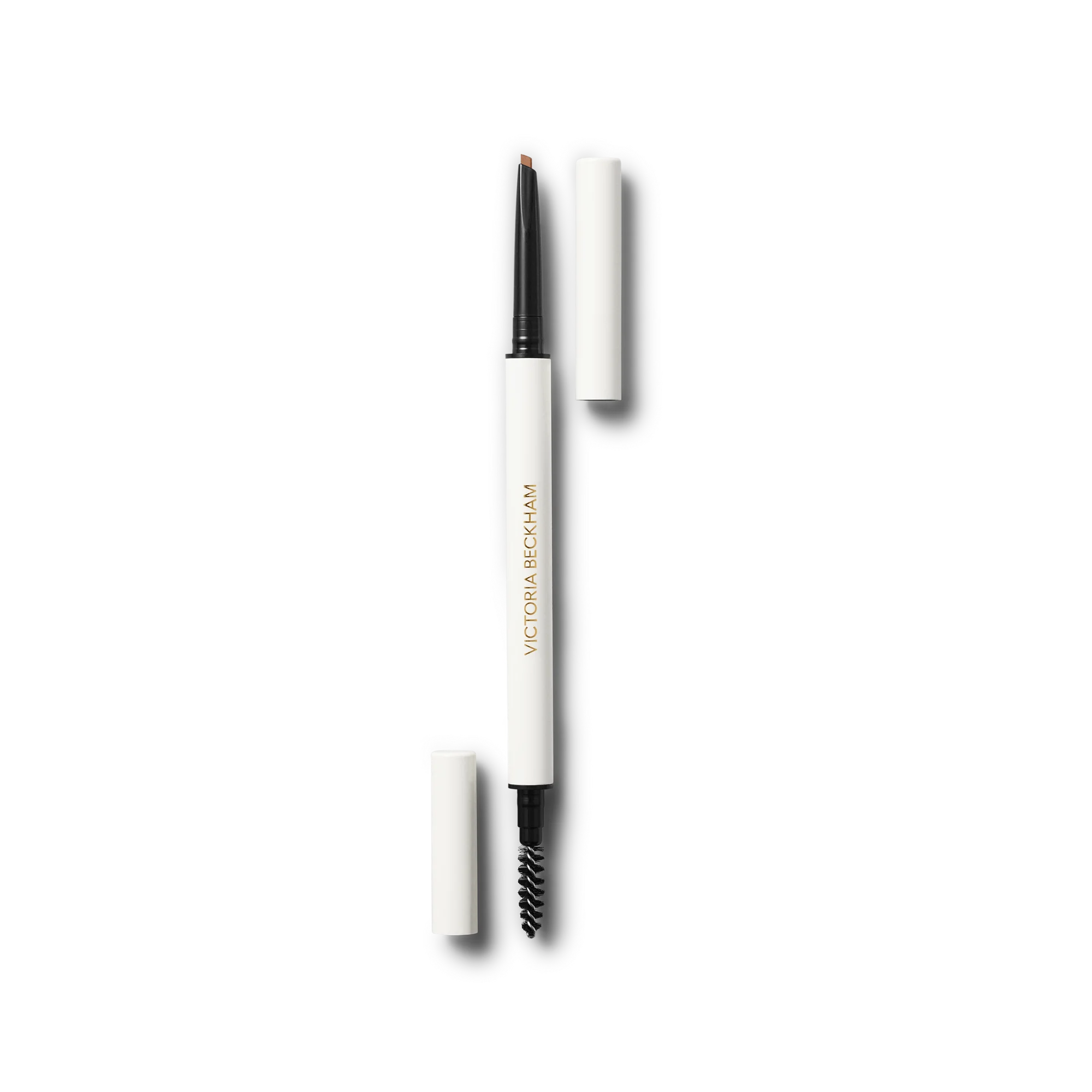 Dual-ended eyebrow pencil with fine tip on one end and spoolie brush on the other, white barrel with black tip.