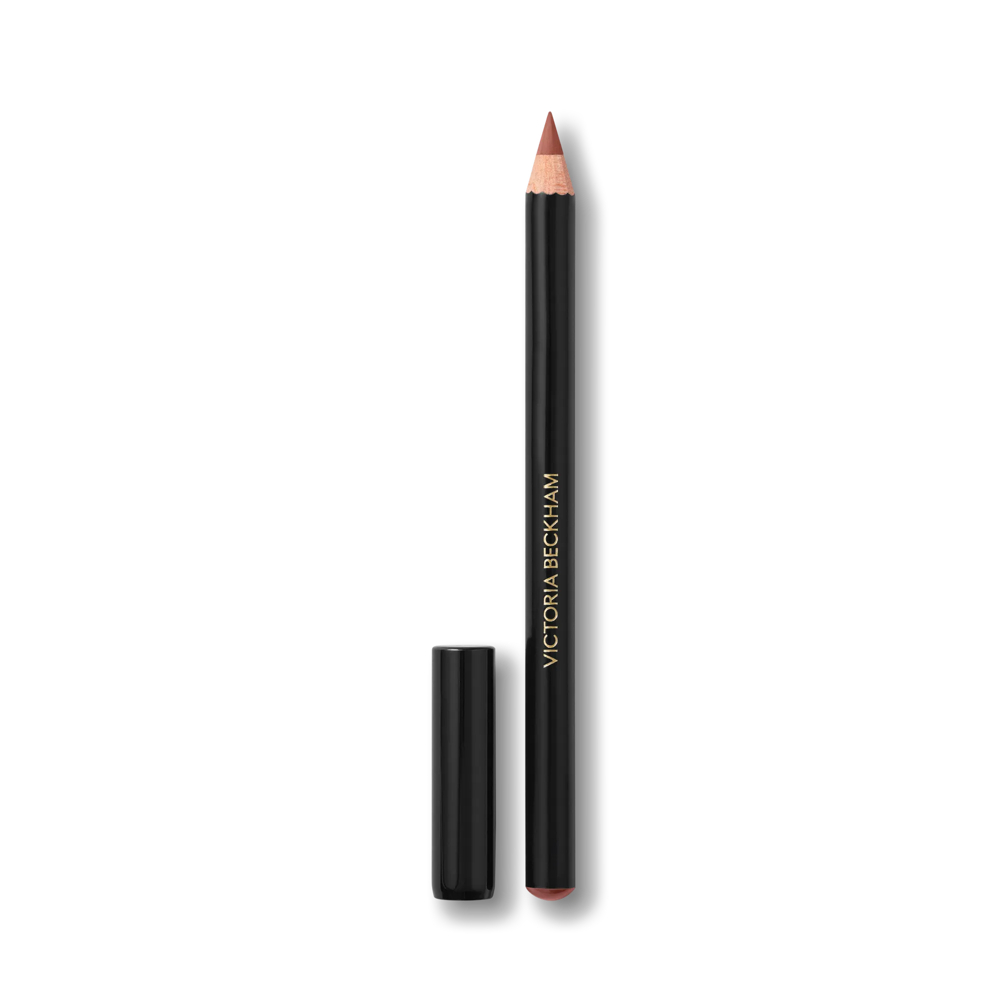 Black pencil lip liner with sharpened mauve-brown tip and matching cap displayed separately.