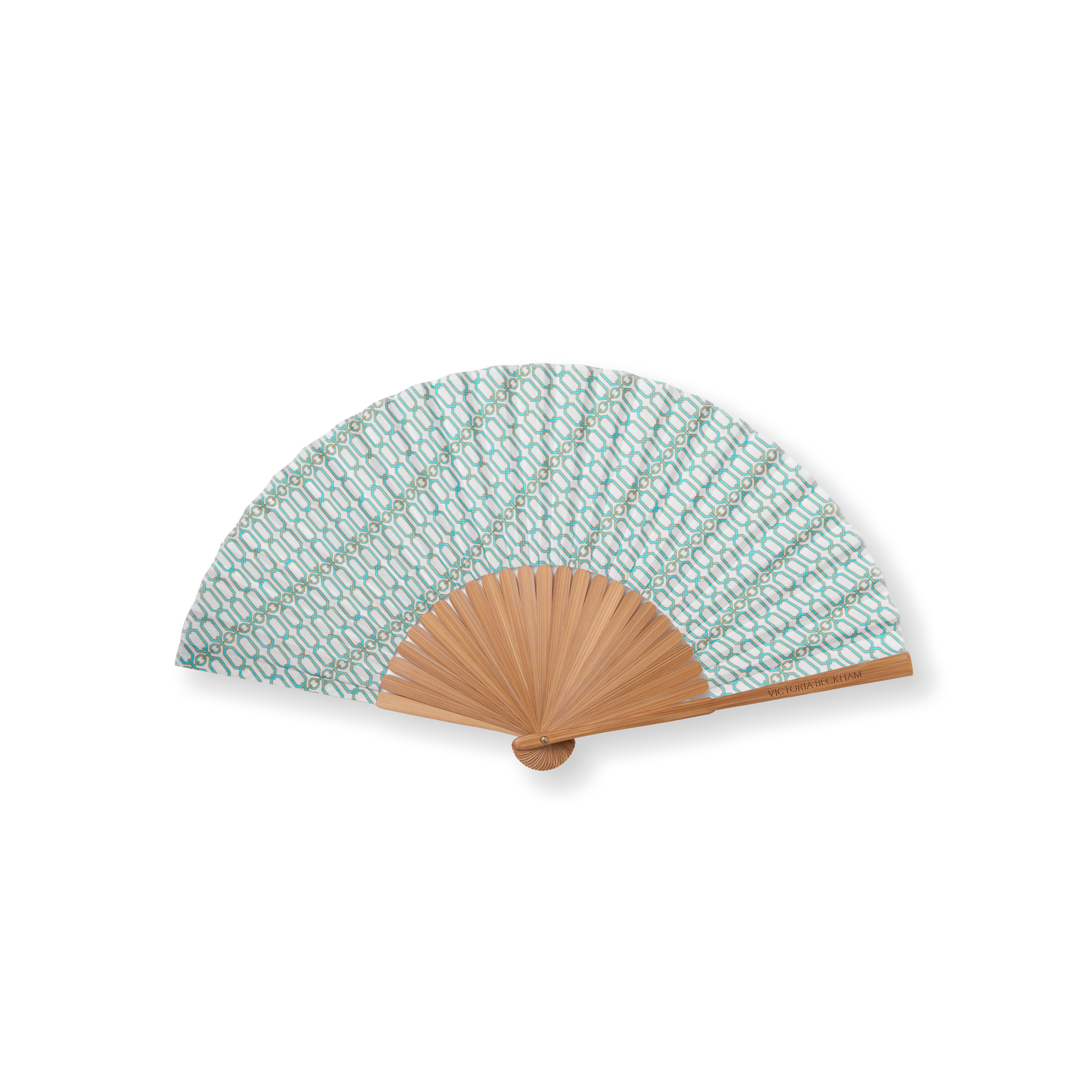 Open bamboo Portofino '97 hand fan in turquoise and gold chain-link print, Victoria Beckham signature on the spine.
