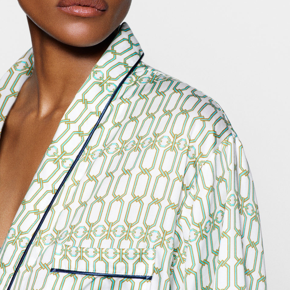 Close-up of the Portofino '97 robe collar and chest pocket, navy piping on turquoise and gold print.