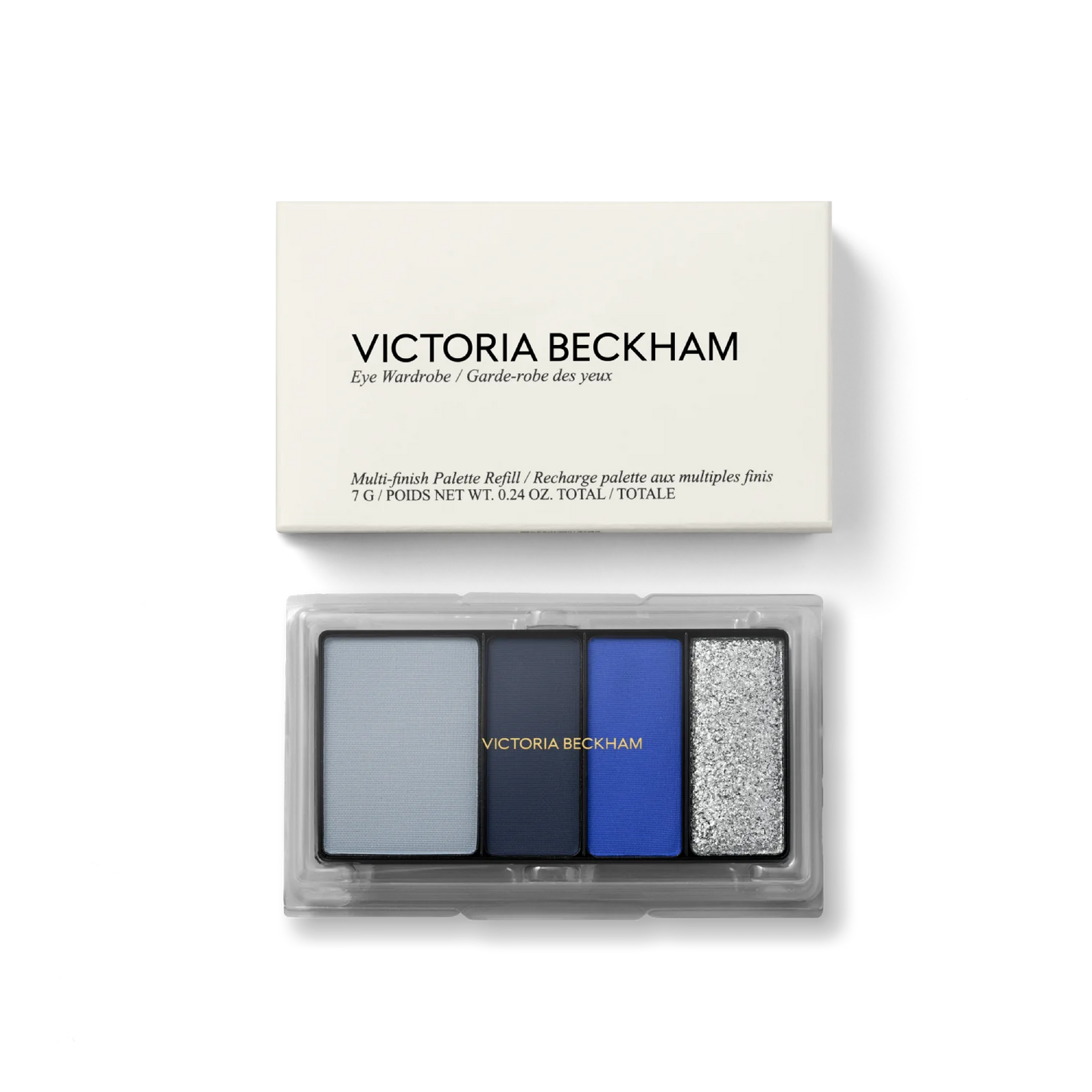 Victoria Beckham Beauty Eye Wardrobe Refill in Navy Noir – sustainable eyeshadow refill with luxe packaging, featuring four versatile shades in soft blue, deep navy, vibrant cobalt, and shimmering silver for a bold, high-impact eye look.