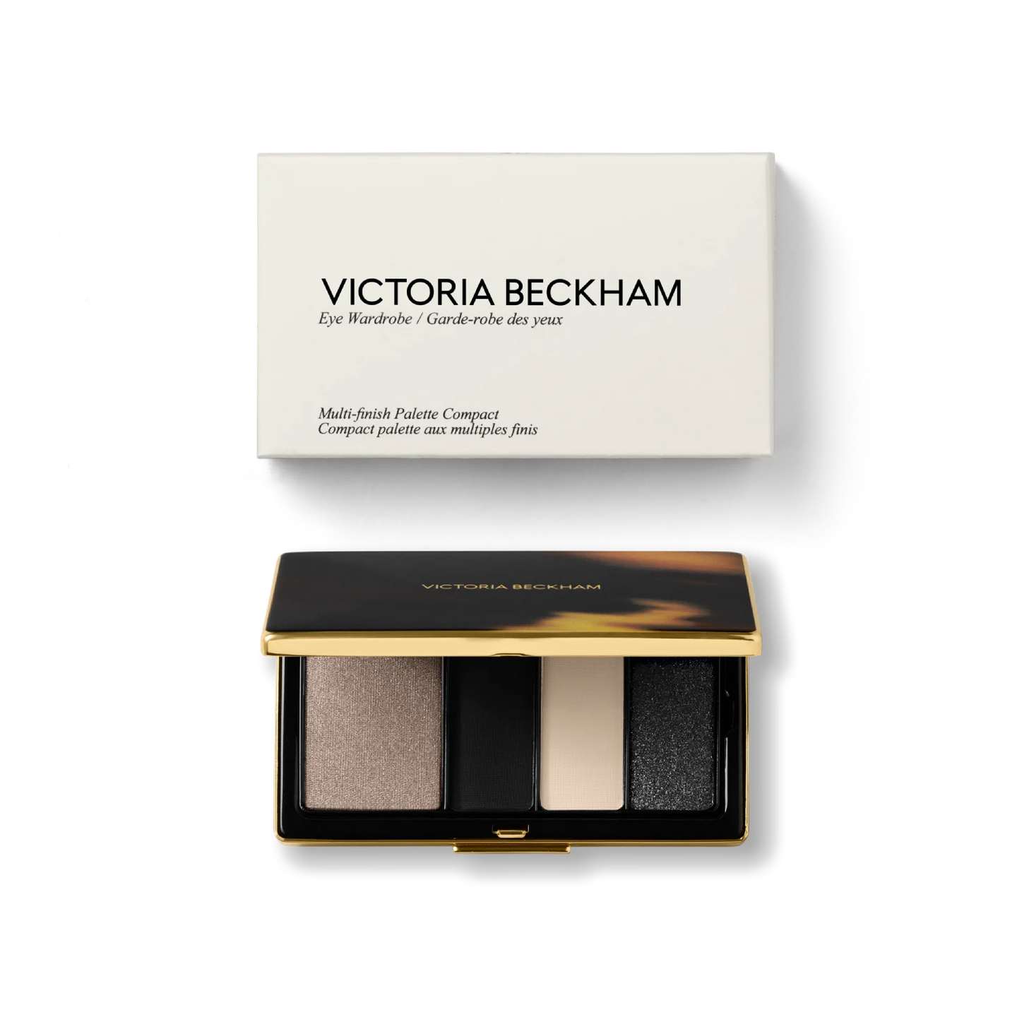 Victoria Beckham Beauty Eye Wardrobe in Night Flash – luxury eyeshadow palette with elegant packaging, featuring four versatile shades in shimmering taupe, deep matte black, soft ivory, and sparkling black for a bold, smoky eye look.