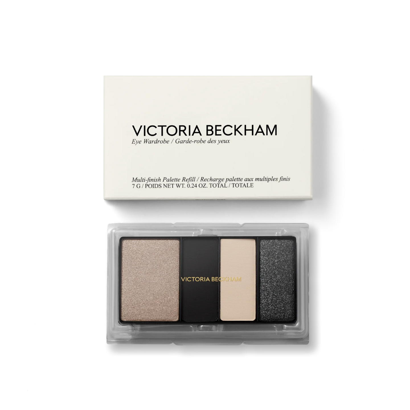Victoria Beckham Beauty Eye Wardrobe Refill in Night Flash – sustainable eyeshadow refill with luxe packaging, featuring four versatile shades in shimmering taupe, deep matte black, soft ivory, and sparkling black for a bold, smoky eye look.