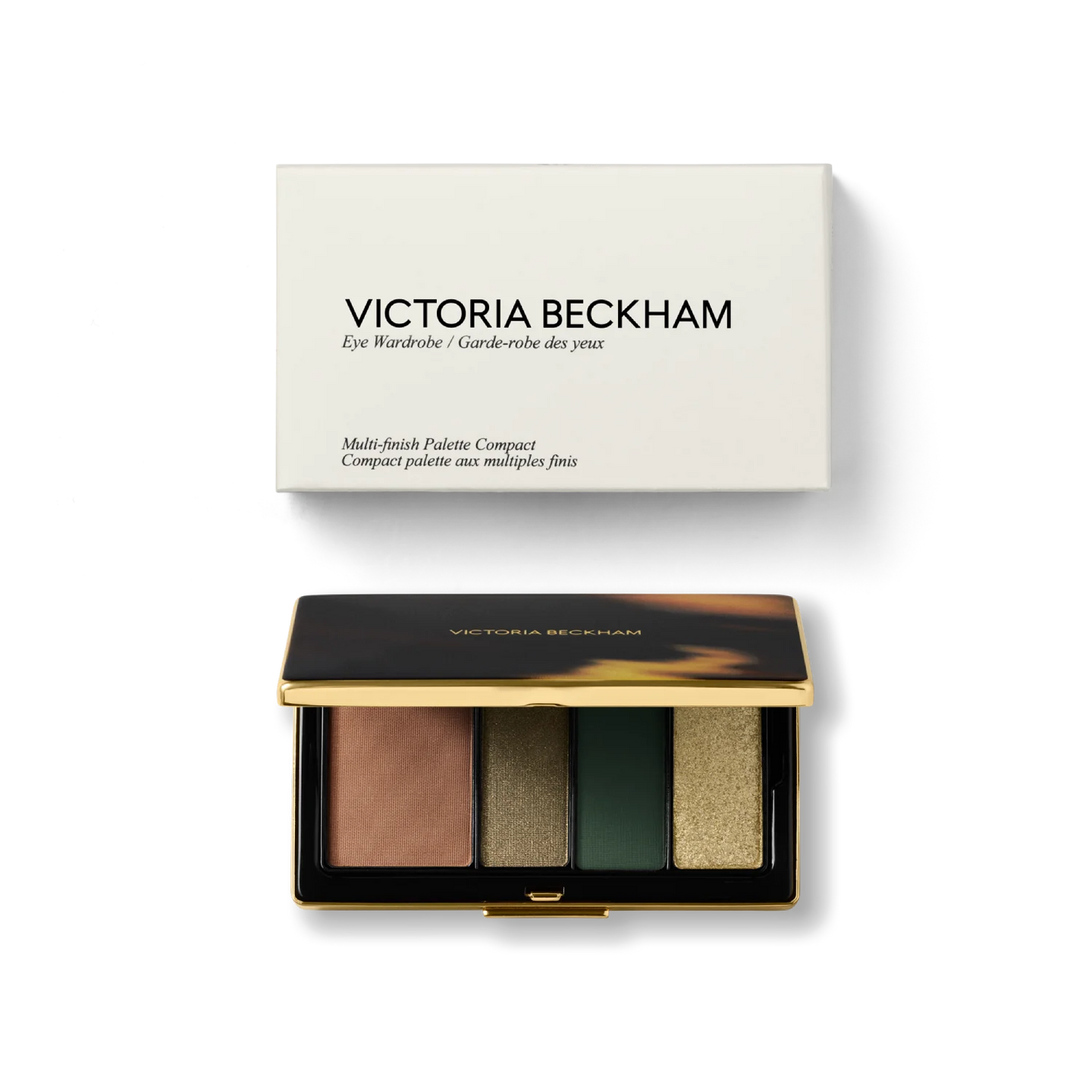 Victoria Beckham Beauty Eye Wardrobe in Olive – luxury multi-finish eyeshadow palette with rich green, gold, and bronze shades, showcased with elegant gold compact and packaging.
