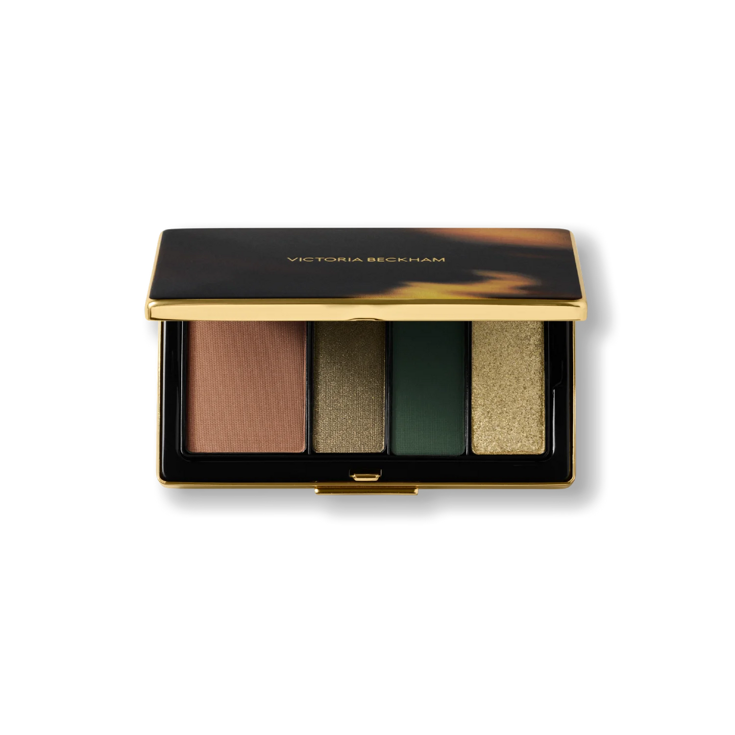 Victoria Beckham Beauty Eye Wardrobe in Olive – luxury eyeshadow palette featuring rich matte and shimmering green, gold, and brown shades in an elegant gold compact.