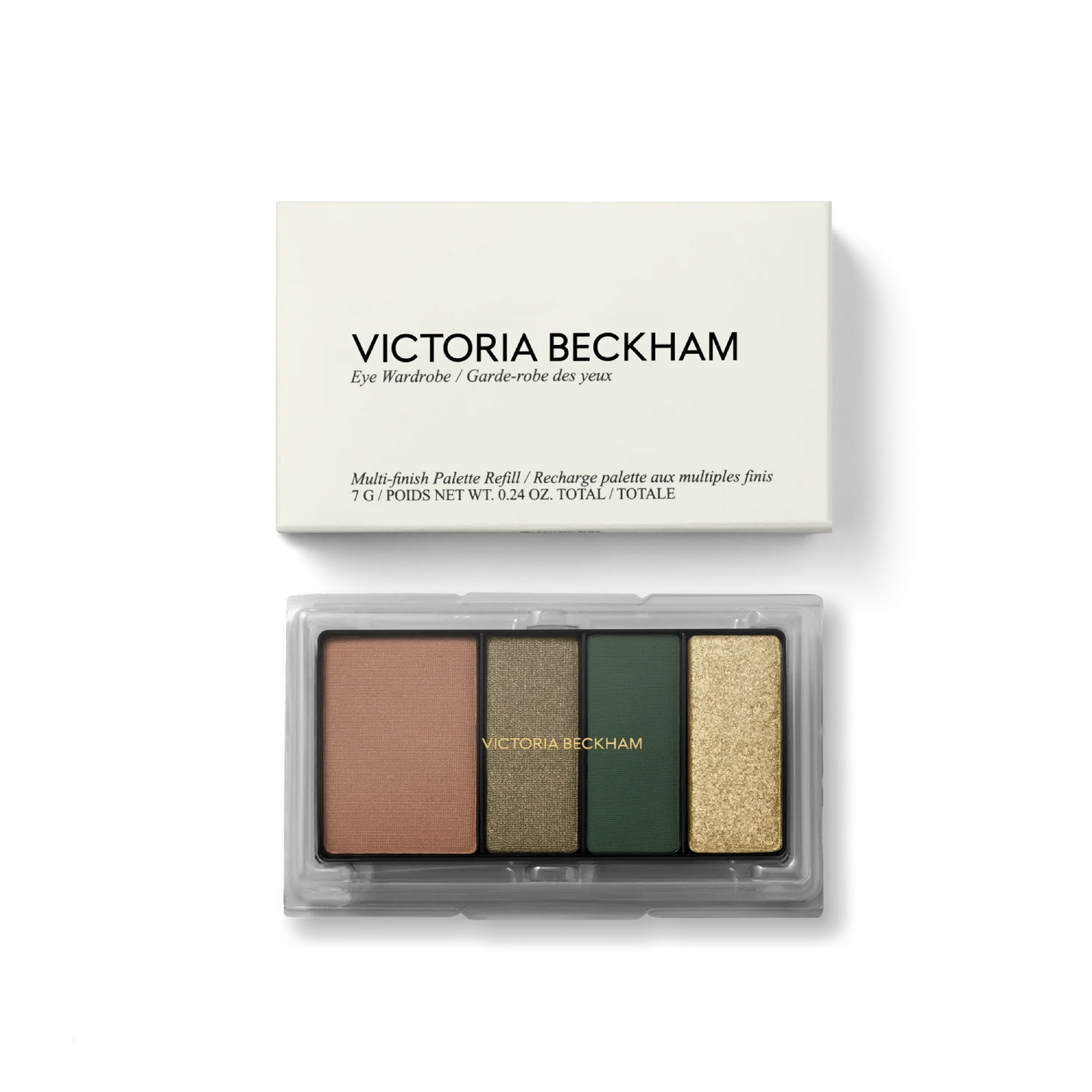 Victoria Beckham Beauty Eye Wardrobe Refill in Olive – sustainable eyeshadow refill with luxe packaging, featuring four versatile shades in warm brown, metallic bronze, deep green, and shimmering gold.