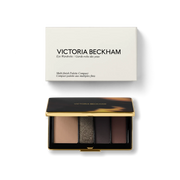 Product shot of Victoria Beckham Beauty Eye Wardrobe in Victoria – a luxury eyeshadow palette featuring rich neutral and deep brown tones with a mix of matte and shimmering finishes, housed in an elegant gold-trimmed compact with packaging.