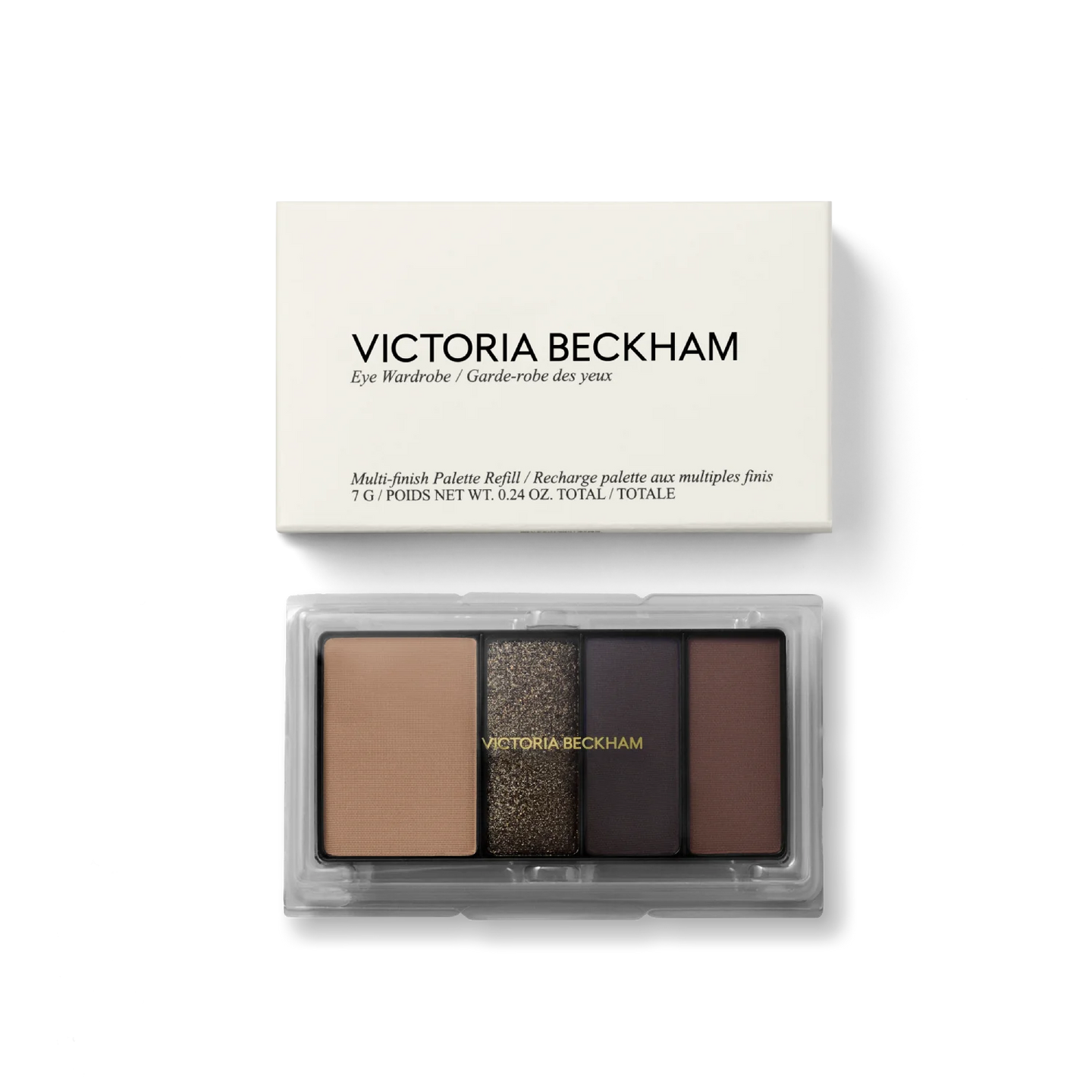 Victoria Beckham Beauty Eye Wardrobe Refill in Victoria – refillable luxury eyeshadow palette featuring four rich, neutral shades in matte and shimmer finishes, including soft beige, metallic gold, deep plum, and warm brown, perfect for creating timeless eye looks.