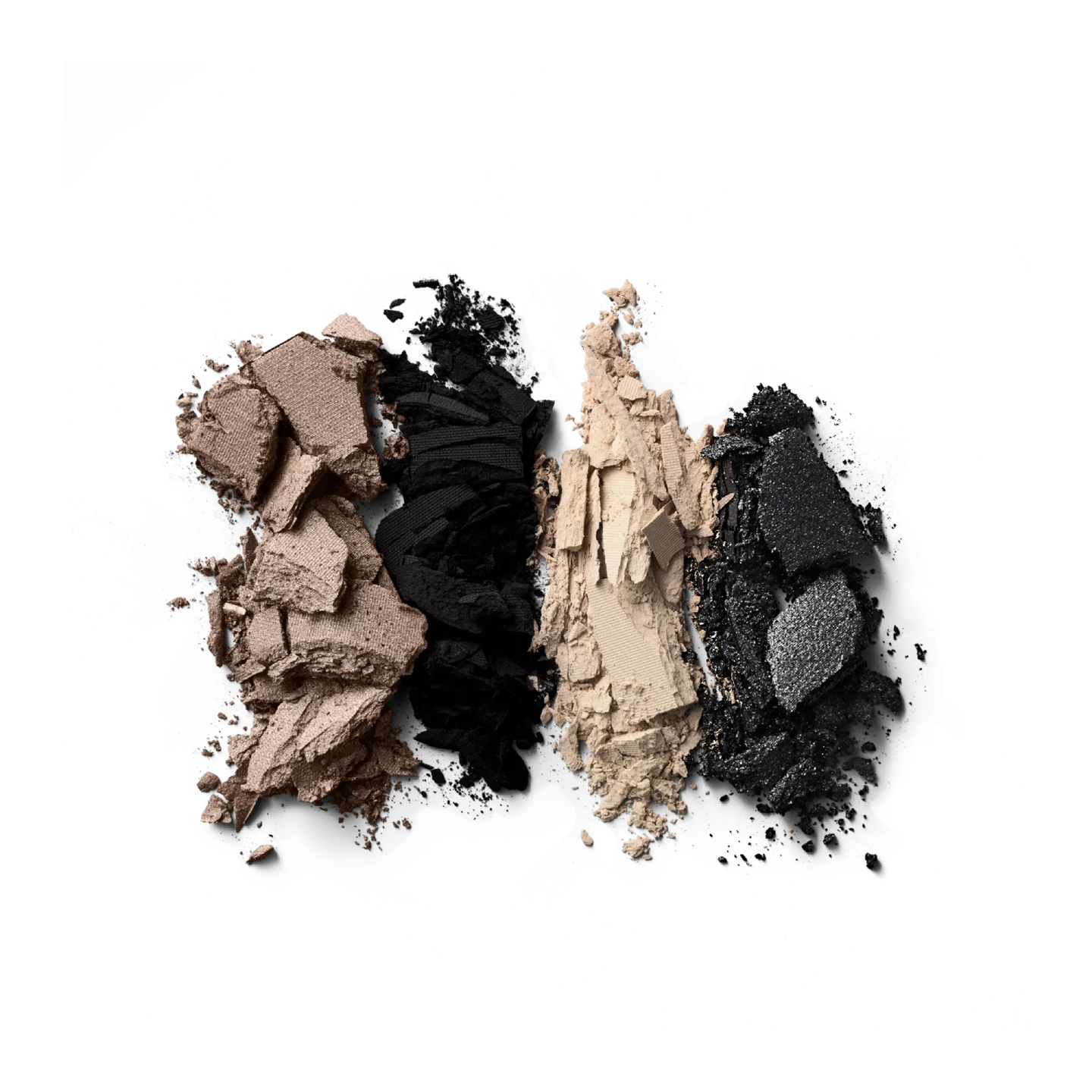 Victoria Beckham Beauty Eye Wardrobe in Night Flash – texture shot showcasing luxe eyeshadow pigments in shimmering taupe, deep matte black, soft ivory, and sparkling black for a bold, smoky finish.