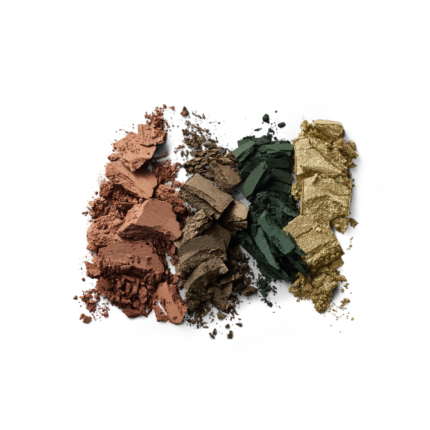Victoria Beckham Beauty Eye Wardrobe in Olive – texture shot showcasing rich matte and shimmering eyeshadow pigments in warm brown, metallic bronze, deep green, and gold hues.