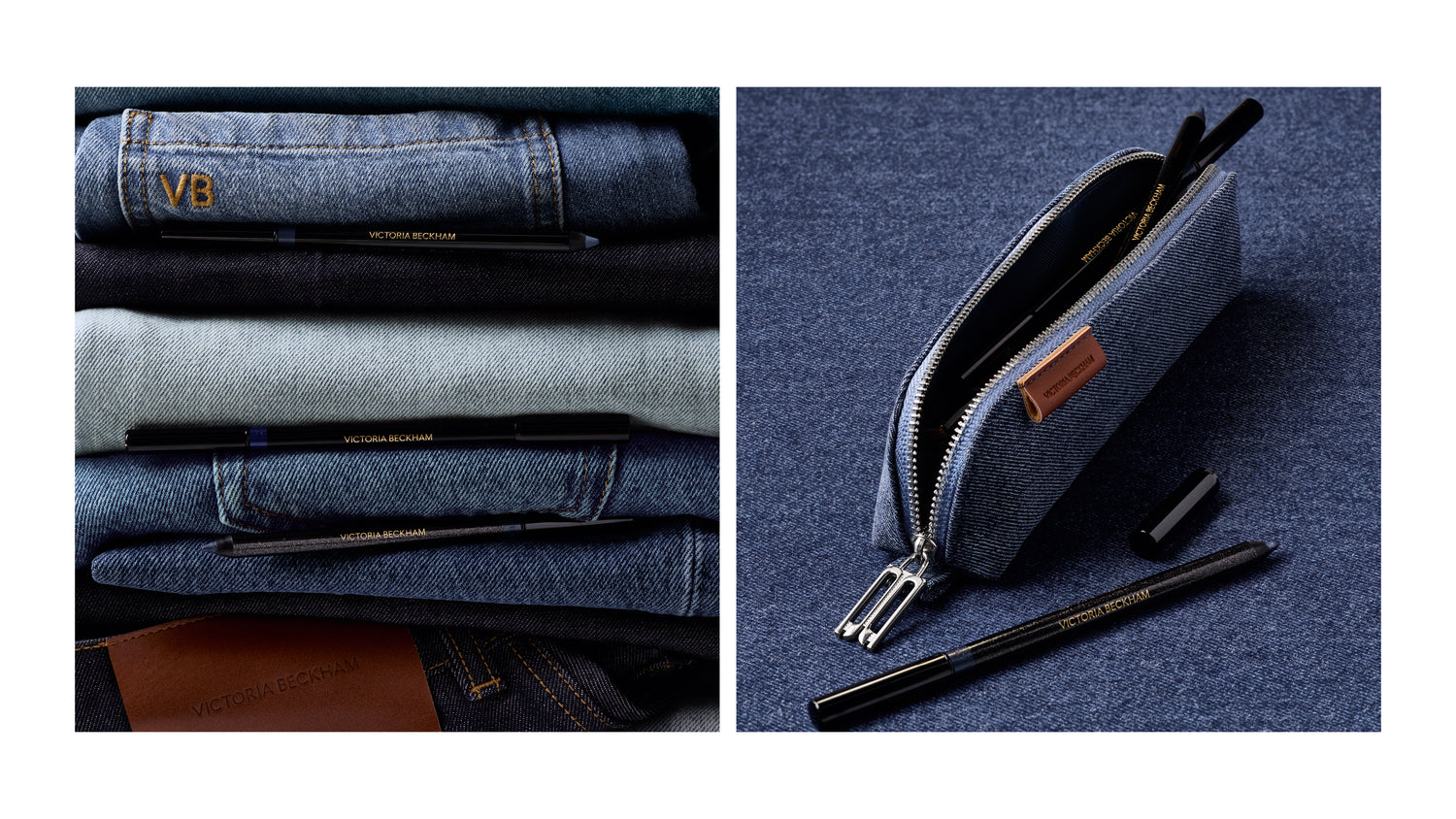 Victoria Beckham Satin Kajal Liners resting on a stack of folded jeans on the left, and tucked into an open denim zip pouch on the right.
