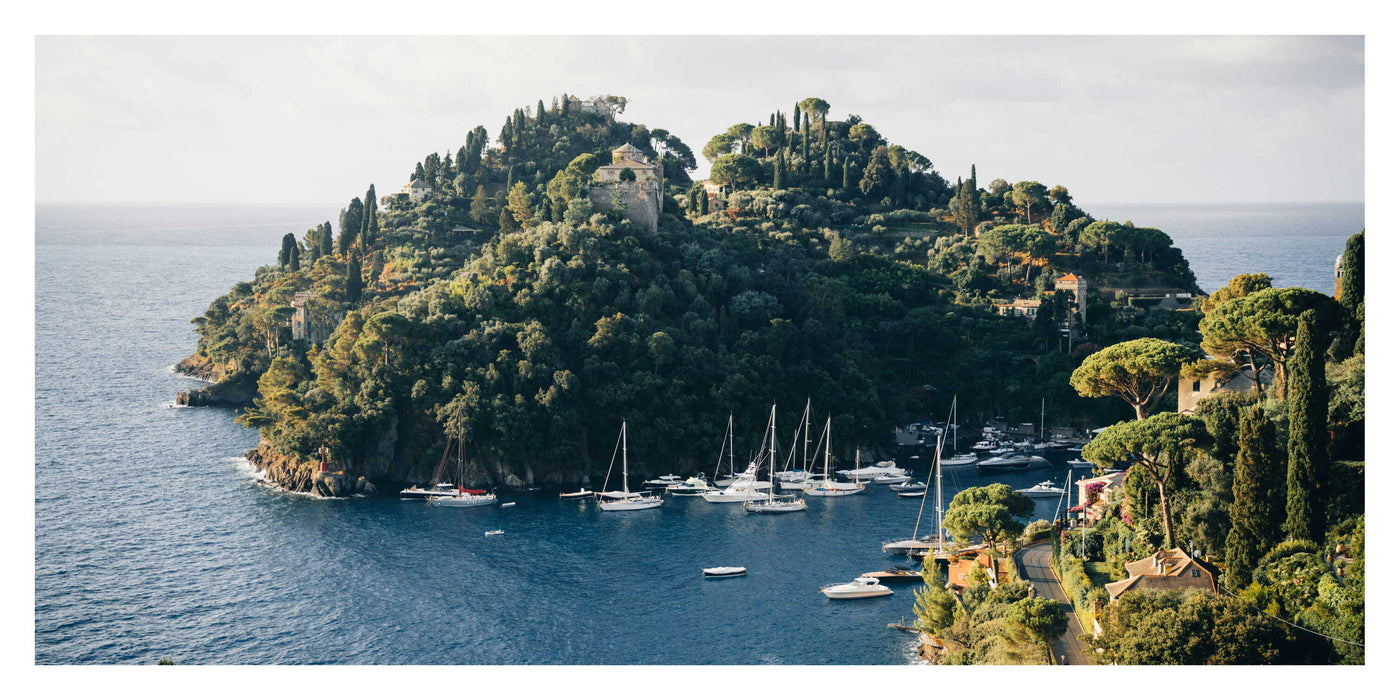 Island with sailboats in a harbor surrounded by trees and water