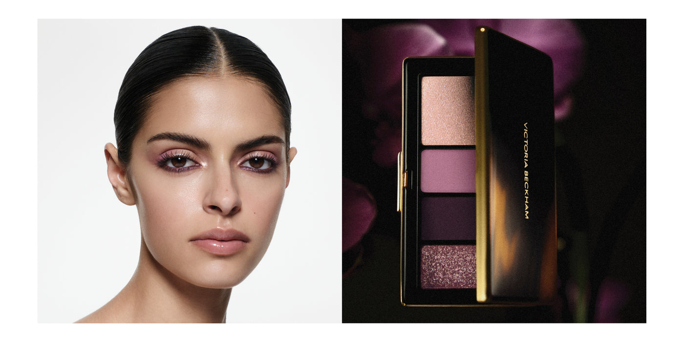 Makeup palette with a blurred purple background and a model wearing makeup.