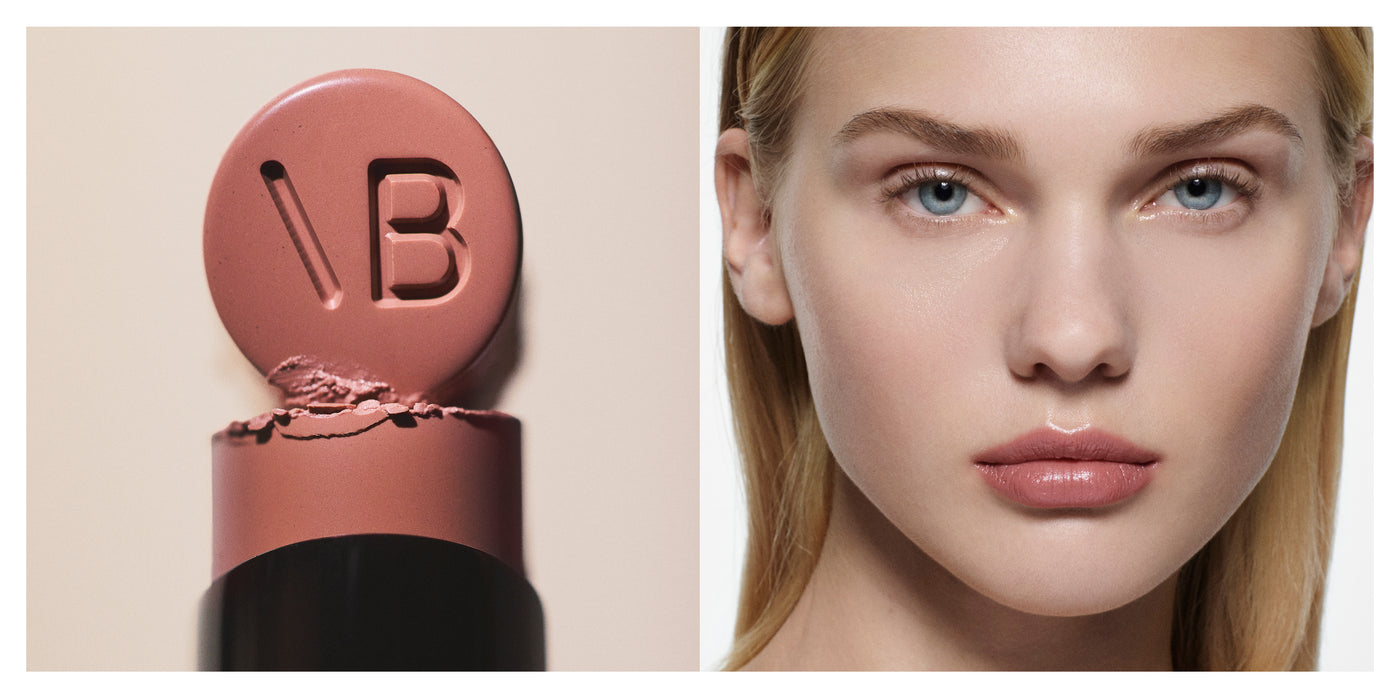 Victoria Beckham Beauty Posh Lip in shade 02; a close-up of the rose-nude lipstick bullet with the VB logo next to a model wearing the hydrating lip color.