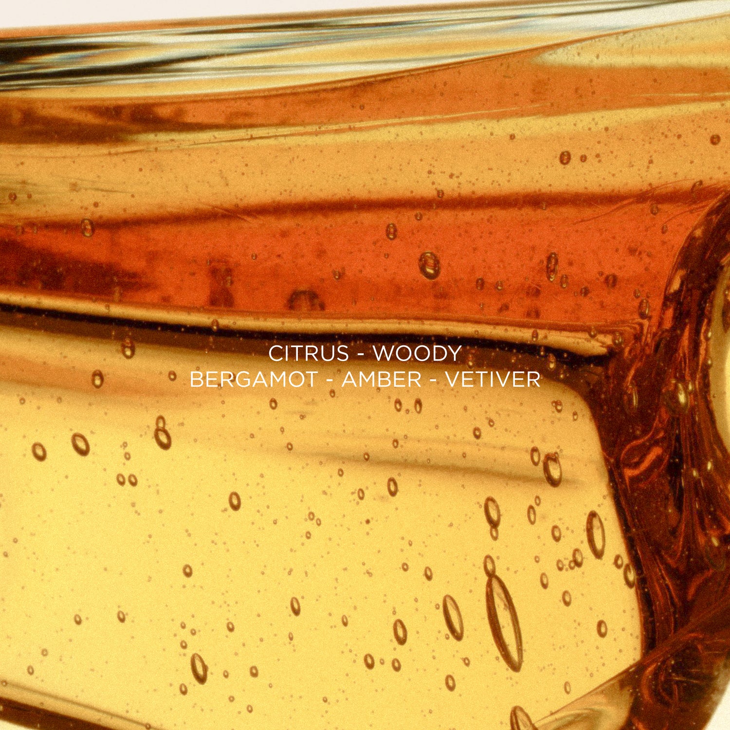 Macro of golden amber liquid bubbles with Citrus, Woody, Bergamot, Amber and Vetiver notes for Portofino '97.