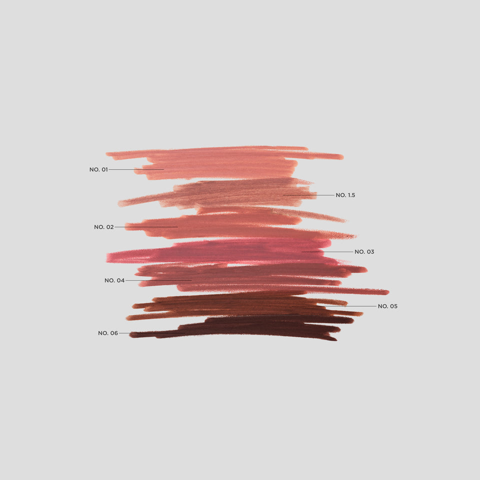Labelled swatches of No. 01, 1.5, 02, 03, 04, 05 and 06 — Victoria Beckham Beauty Lip Definer's full shade range.