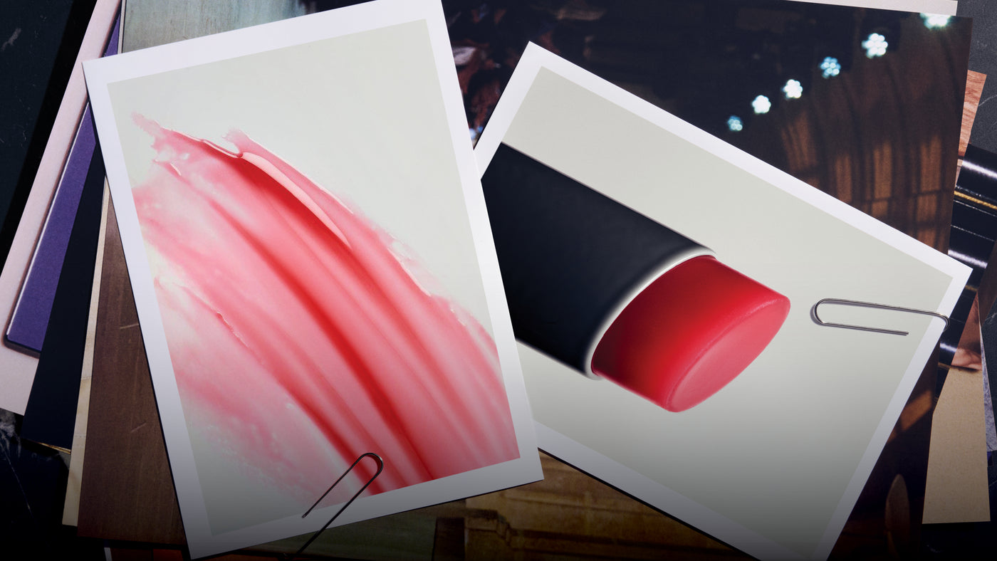 Posh Lipstick swatch and red satin bullet pinned to mood-board prints — Victoria Beckham Beauty's hero lip edit.