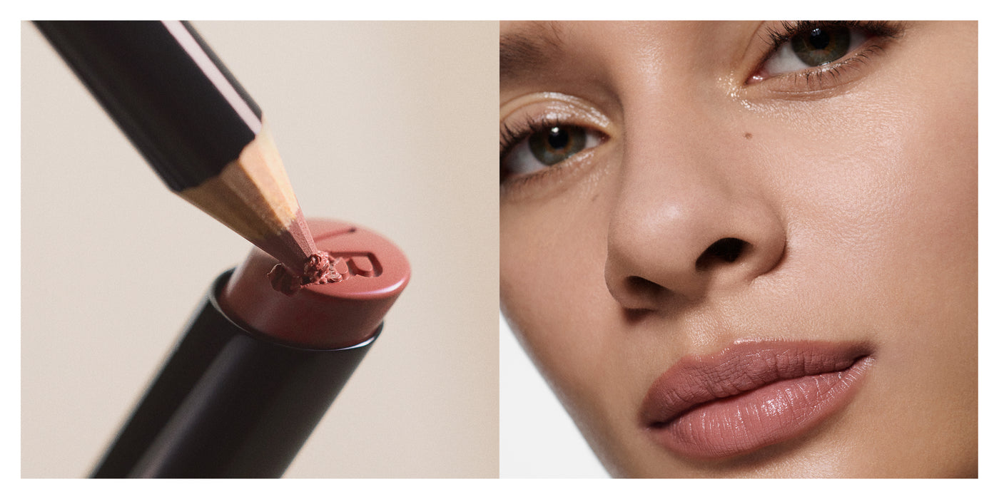 Makeup pencil being used on a lip product with a close-up of a person's lips wearing the color.