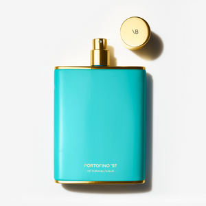 Flat-lay image of the Portofino Fragrance bottle, with the lid off.
