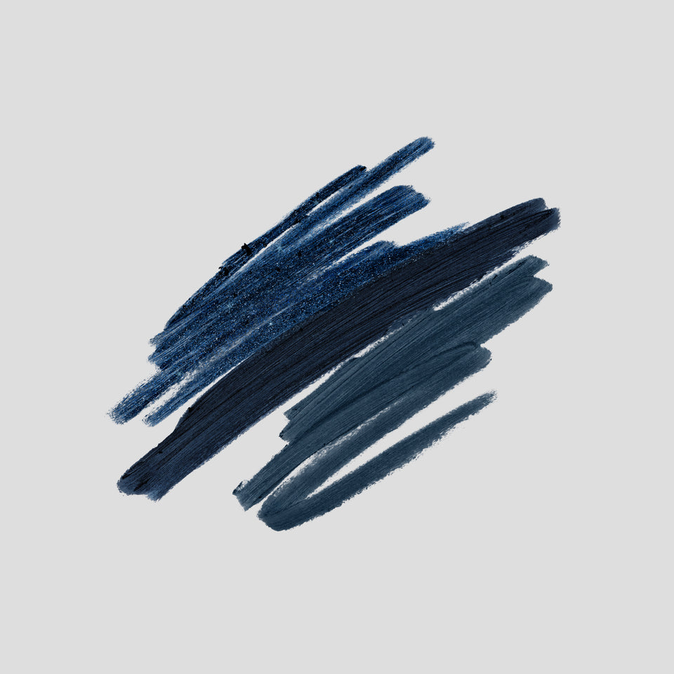 Three textured dark blue and navy paint swatches layered diagonally on a light gray background.