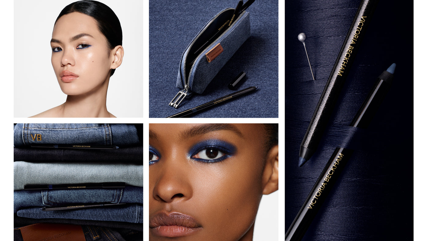 A collage of five panels showing a coordinated fashion beauty look: a model with blue eye makeup, a blue zip pouch with a brown leather tab, makeup brushes and a pin on a dark textured surface, folded blue jeans, and a close-up of the model's face with dramatic blue eyeshadow.