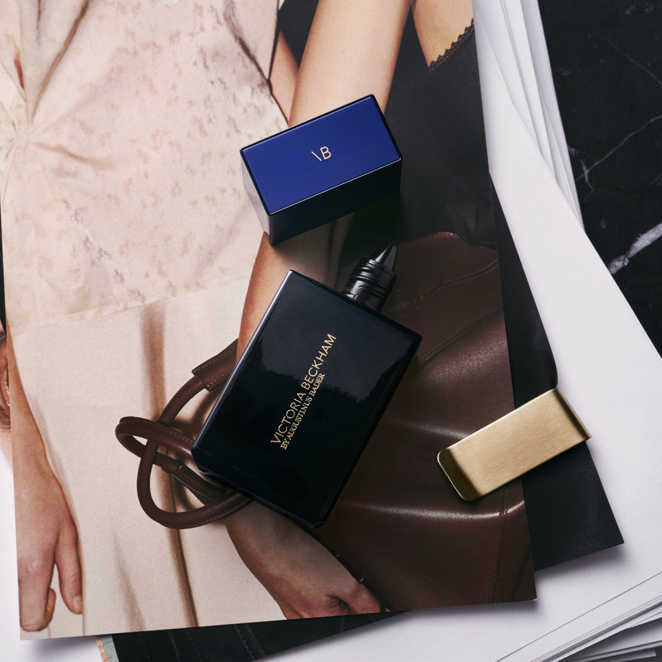 Pink foundation swatch and dropper bullet on photo prints — Victoria Beckham Beauty's The Foundation Drops with TFC8.