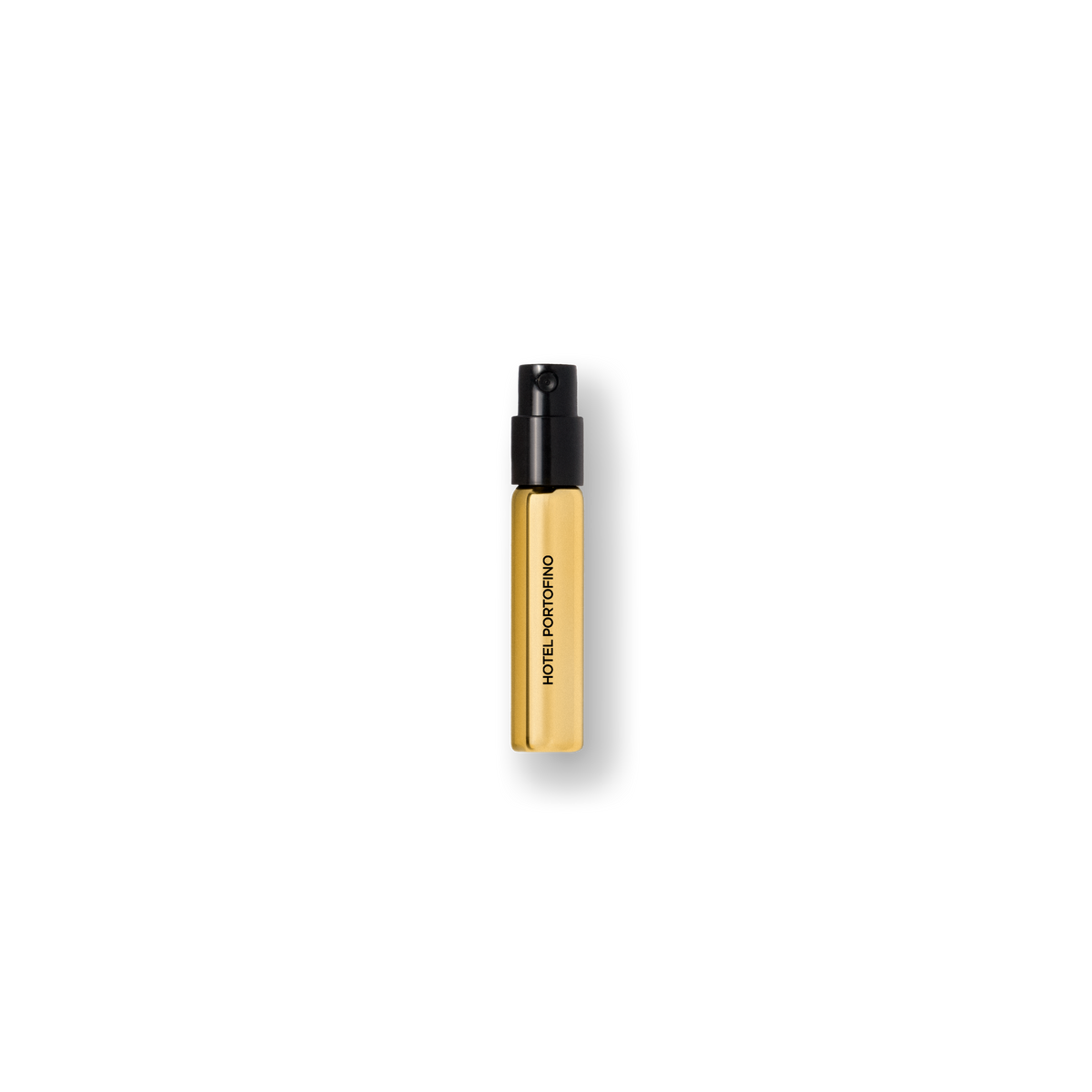 Gold 2 mL Hotel Portofino sample vial with a black spray cap — travel size fragrance by Victoria Beckham Beauty.