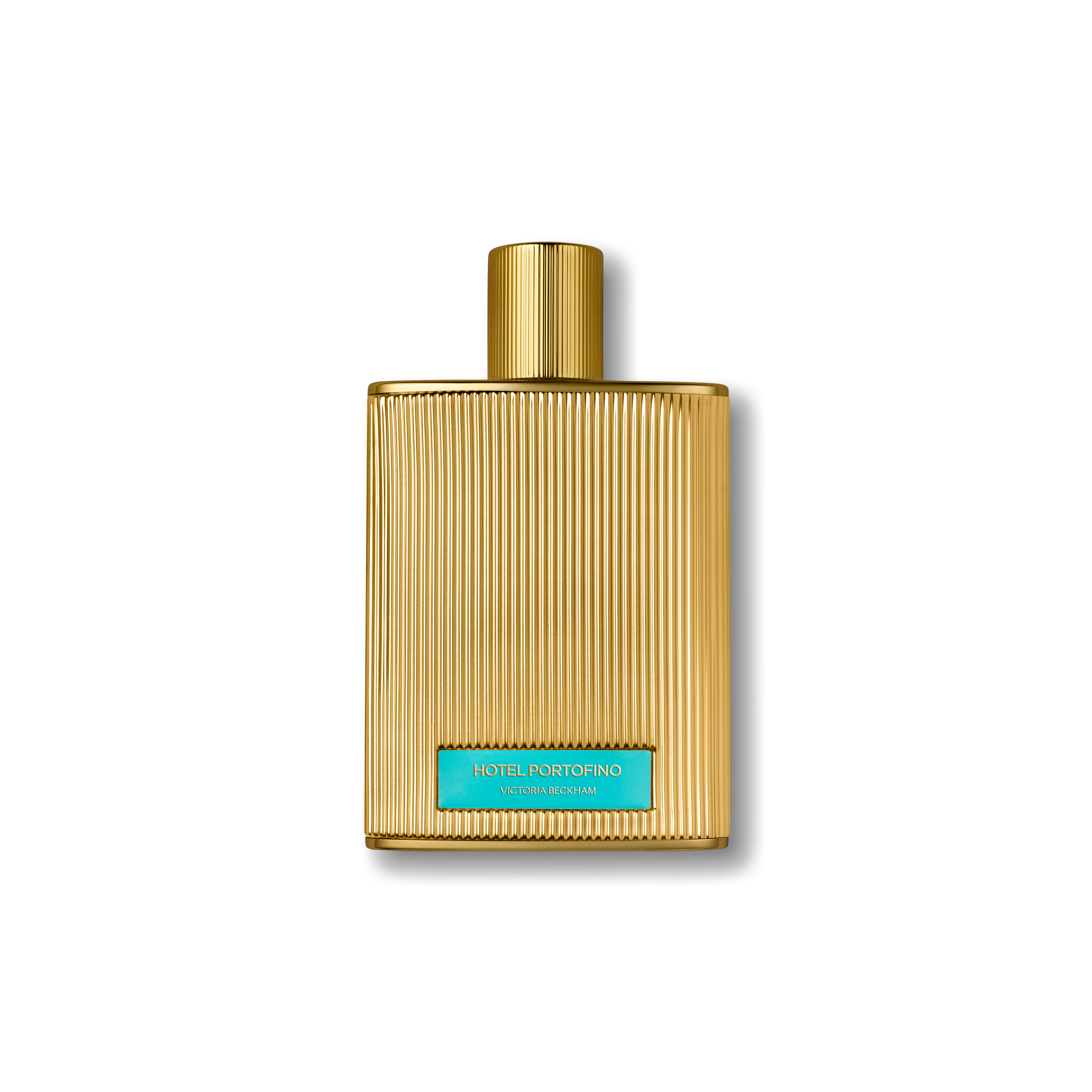 Fluted gold 50 mL Hotel Portofino bottle, capped, with a turquoise label — the fragrance by Victoria Beckham Beauty.