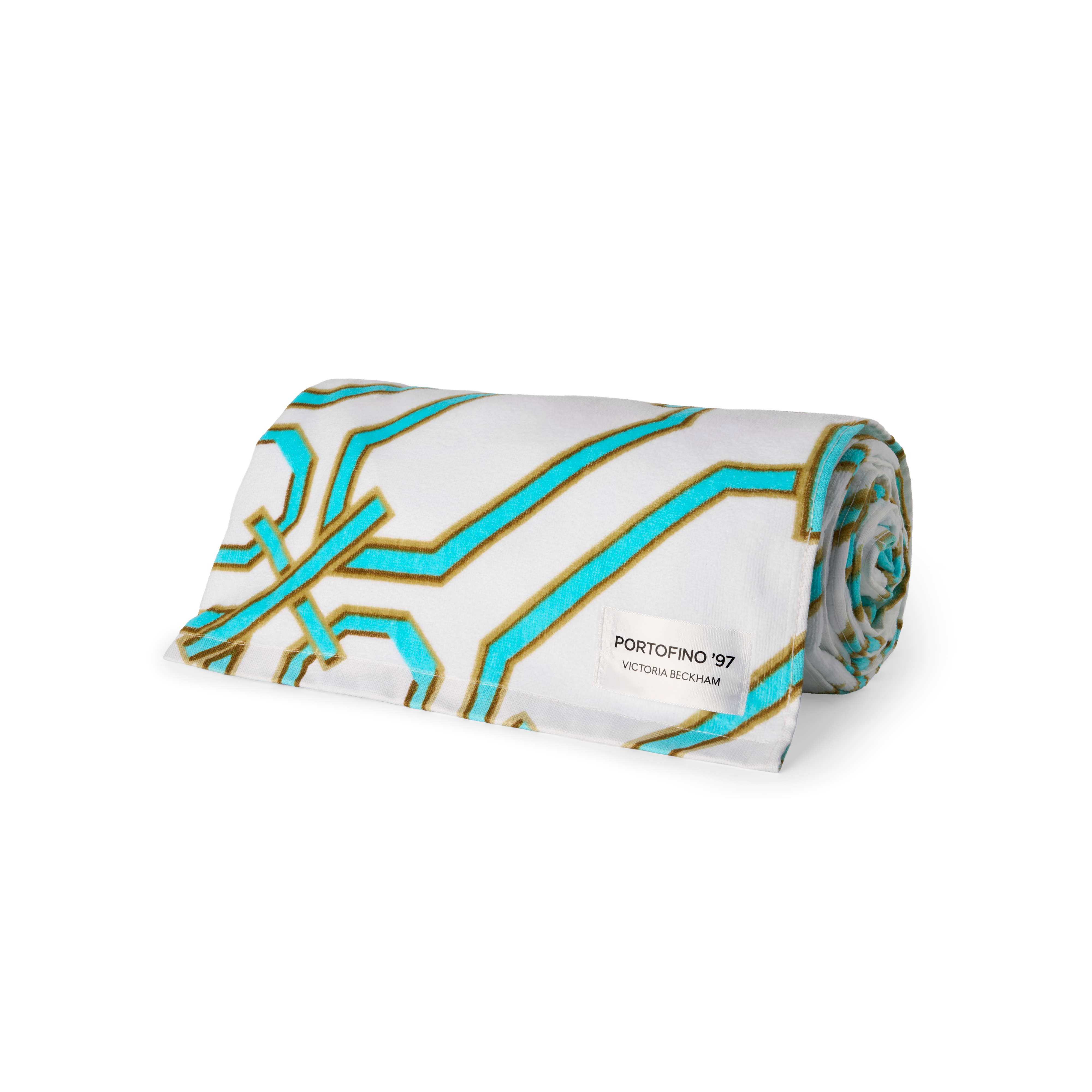 Rolled Portofino '97 beach towel in turquoise and gold chain-link print, by Victoria Beckham Beauty.