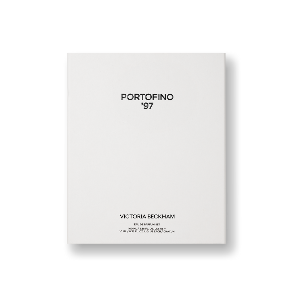 Victoria Beckham Portofino '97 perfume set packaging on a white background