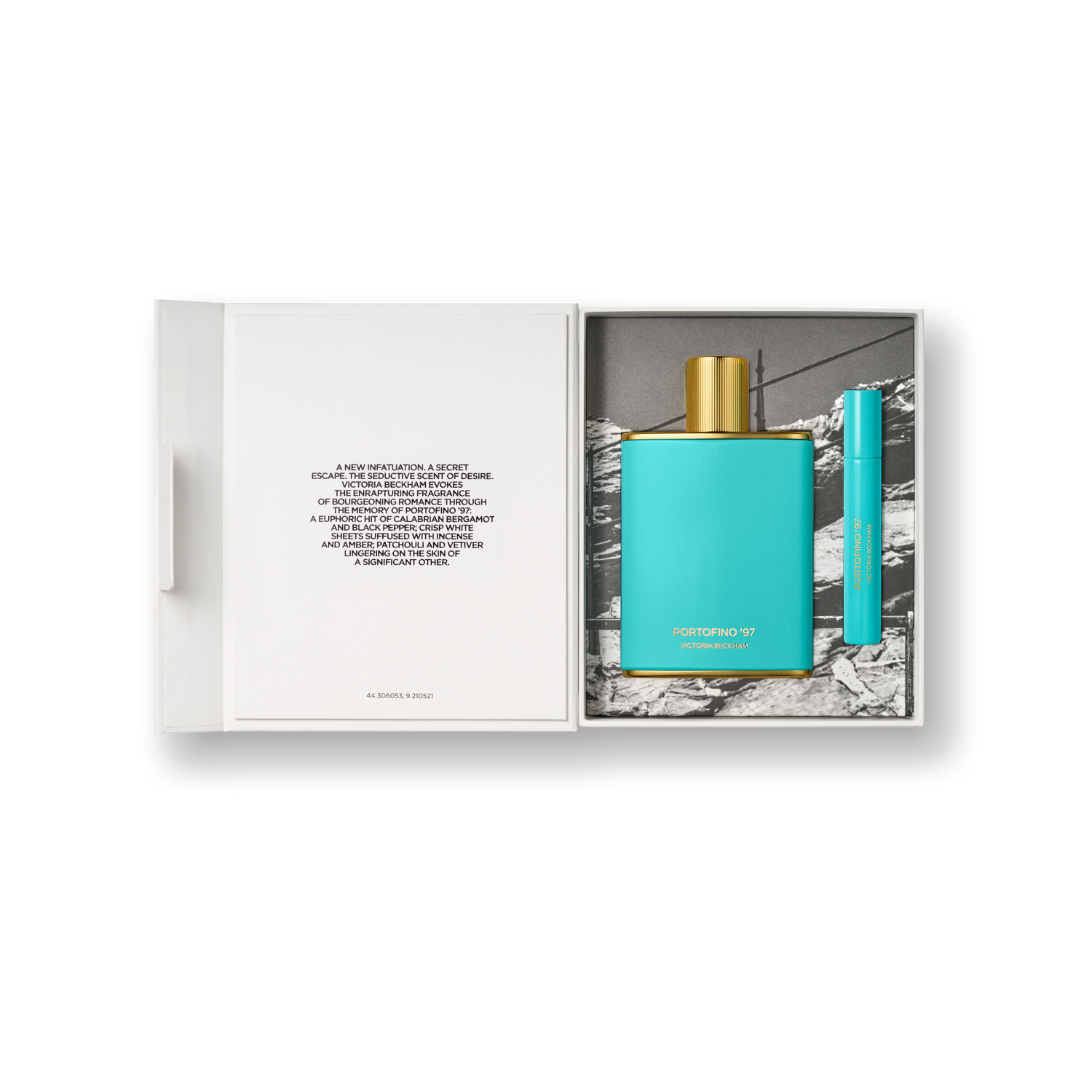 Turquoise perfume bottle with gold cap in a white box on a white background with black text explaining the inspiration for the scent