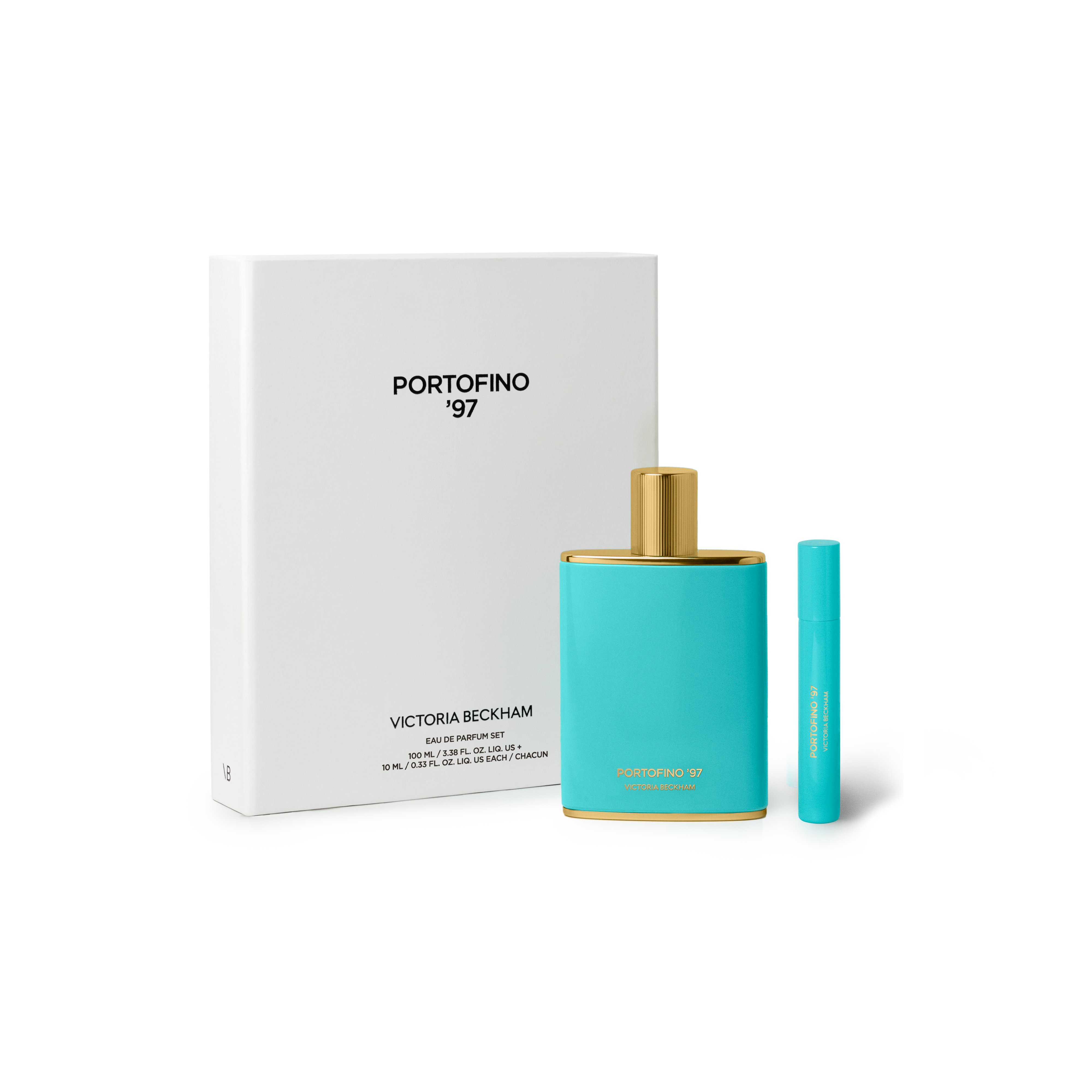 Victoria Beckham Portofino '97 perfume set with turquoise bottle and gold cap on a white background