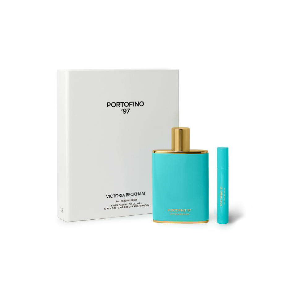 Victoria Beckham Portofino '97 perfume set with turquoise bottle and gold cap on a white background