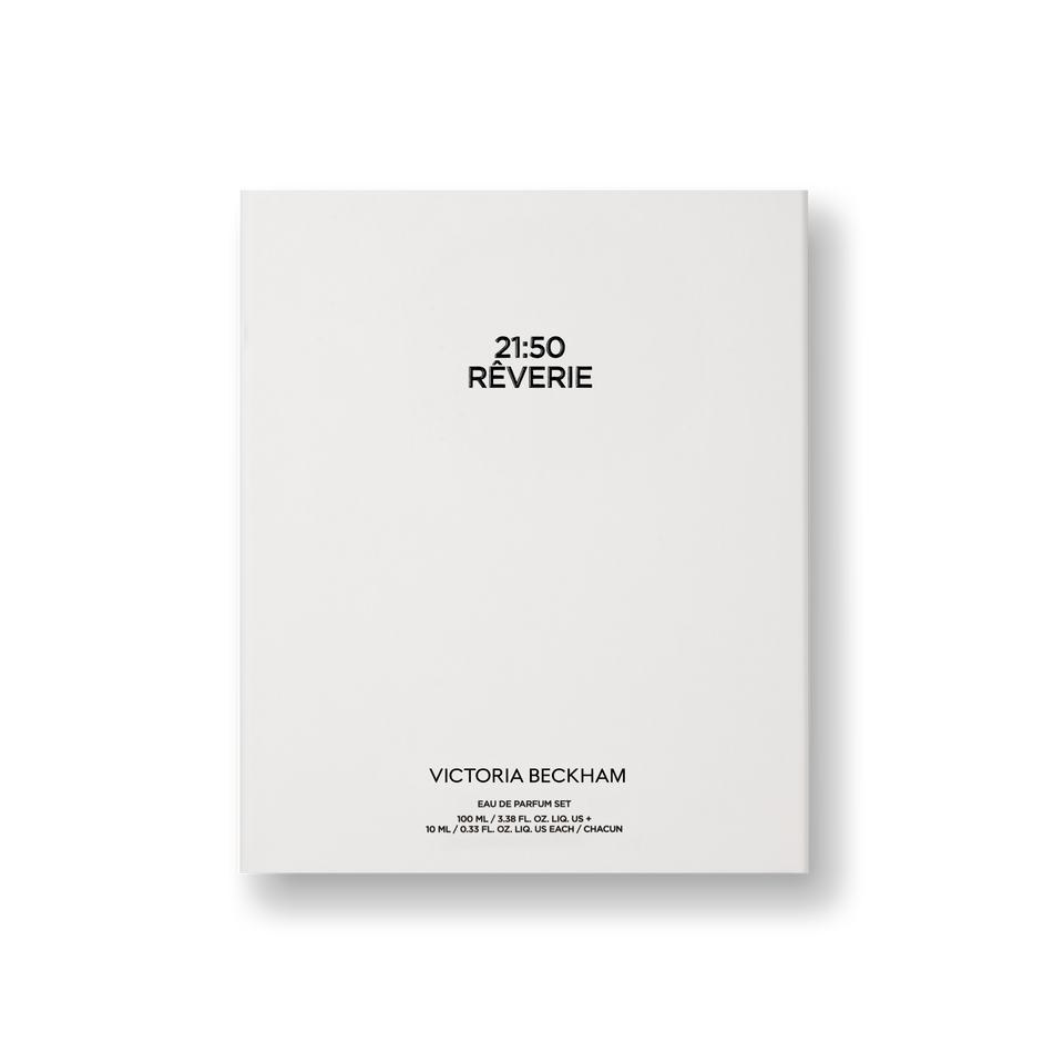 Victoria Beckham '21:50 Reverie' perfume set packaging on a white background
