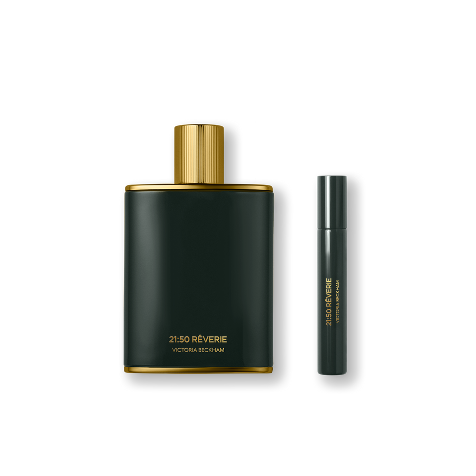 Dark green perfume bottle with gold cap and travel sized bottle with 'Victoria Beckham' branding on a white background