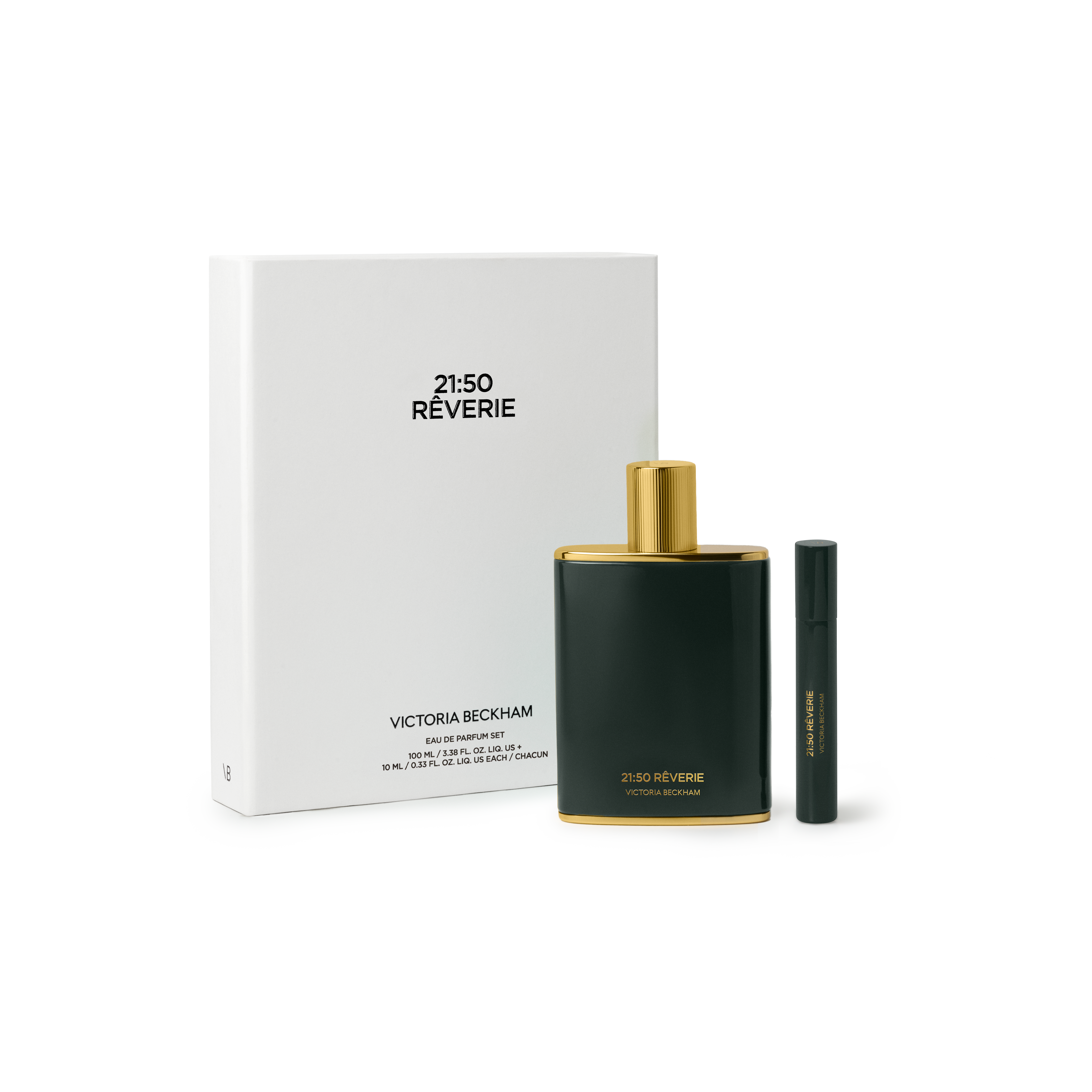 Victoria Beckham 21:50 Reverie perfume set with green bottle and gold cap on a white background