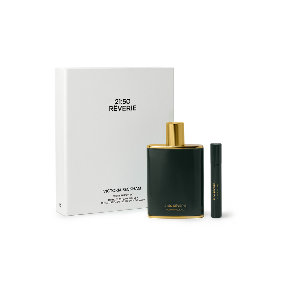 Victoria Beckham 21:50 Reverie perfume set with green bottle and gold cap on a white background