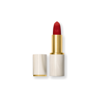 Red lipstick with gold and white cylindrical tube, shown with matching cap.