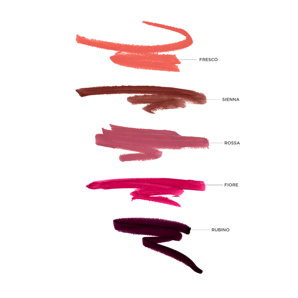 Labelled brushstrokes of Fresco, Sienna, Rossa, Fiore and Rubino — Victoria Beckham Beauty Blush Stylus full range.
