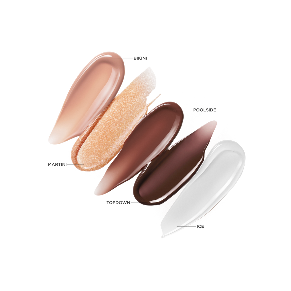 Labelled swatches of Bikini, Martini, TopDown, Poolside and Ice — Victoria Beckham Beauty Posh Gloss cool-tone shade range.