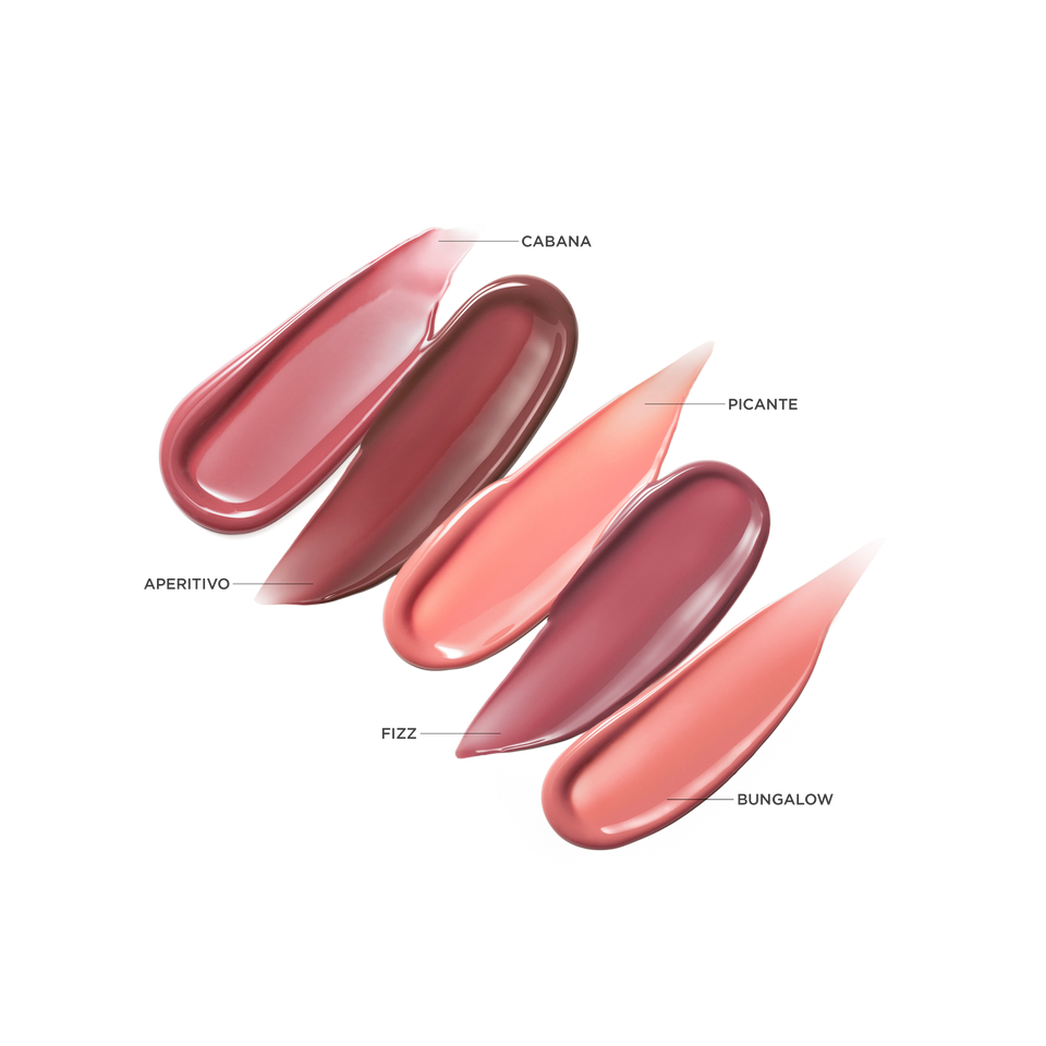 Labelled swatches of Aperitivo, Cabana, Picante, Fizz and Bungalow — Victoria Beckham Beauty Posh Gloss warm-tone shade range.